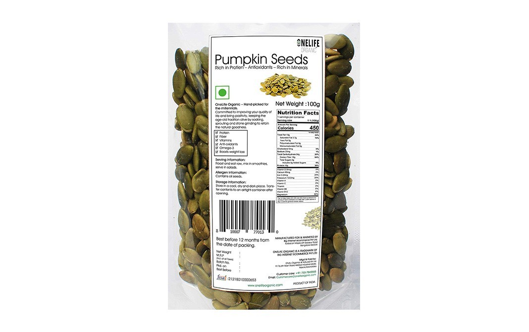 Onelife Organic Pumpkin Seeds    Pack  100 grams